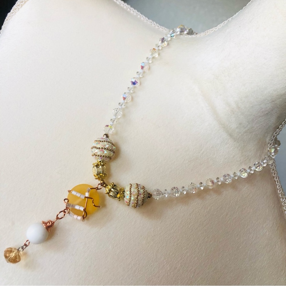 Handcrafted repurpose wired pendant faceted crystal necklace